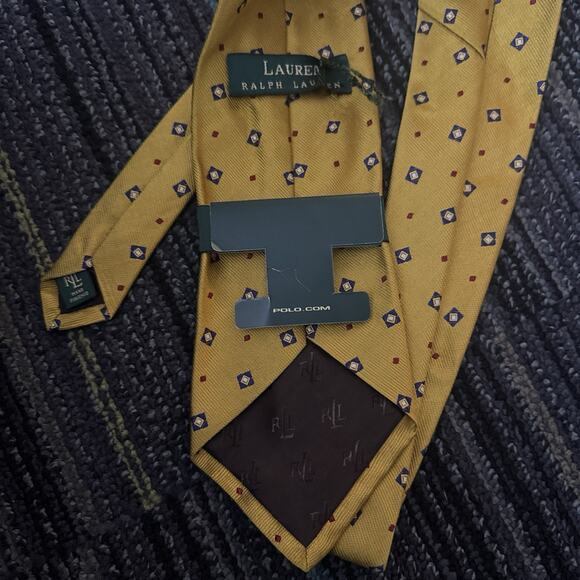 Lauren Ralph Lauren Neck Tie Men’s 100% Silk Yellow Geometric Hand Made NWT USA - Picture 9 of 10